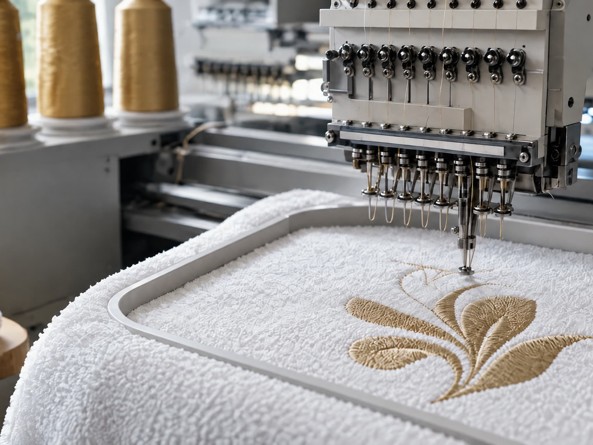 Machine à broder multi-aiguilles brodant un monogramme doré sur une serviette éponge blanche