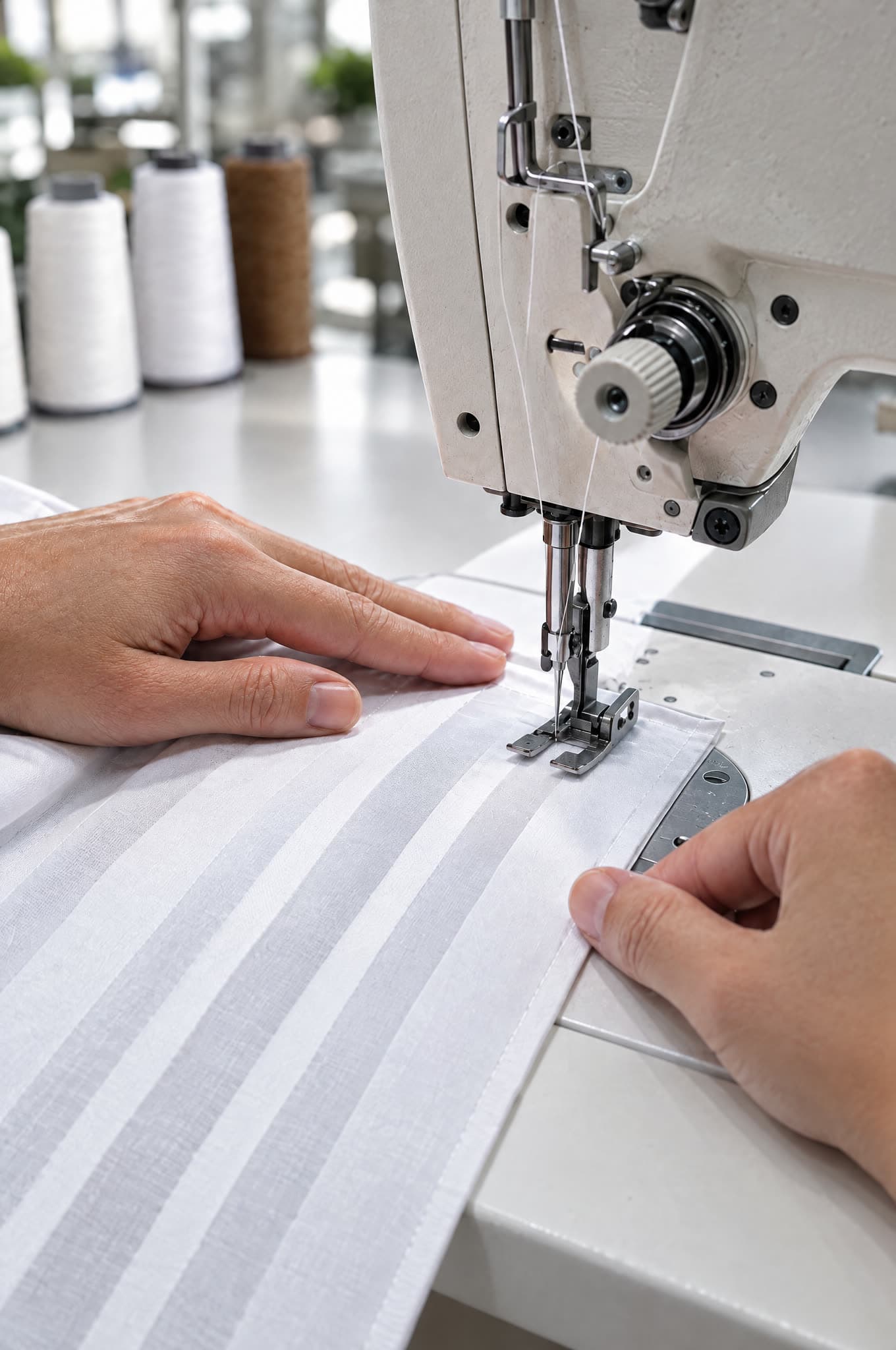 Mains guidant un drap satiné sous le pied d'une machine industrielle