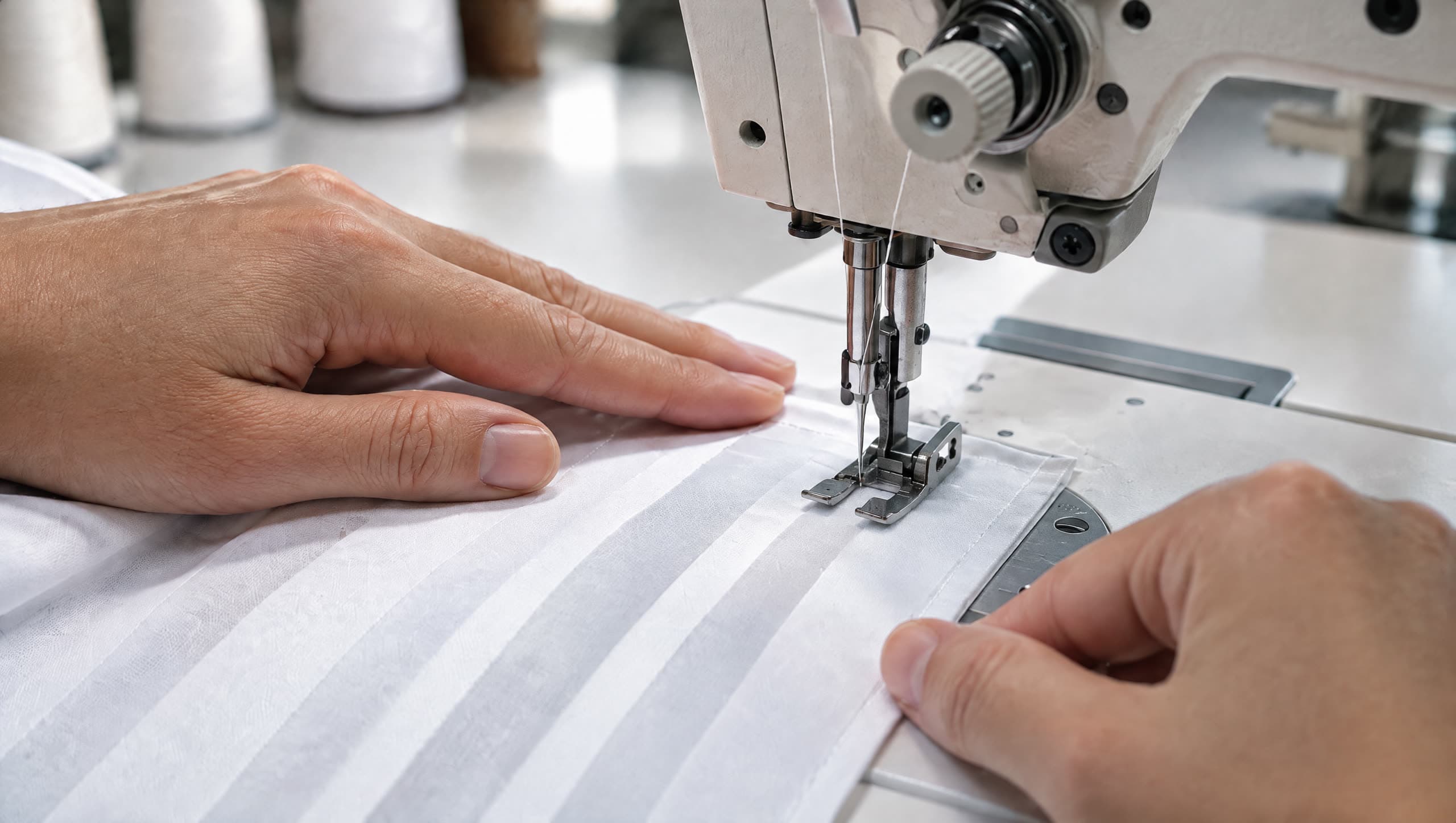 Mains guidant un drap satiné sous le pied d'une machine industrielle