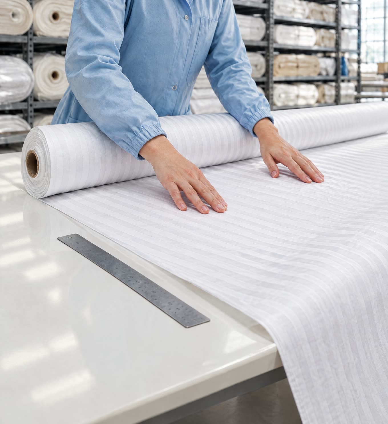 Rouleaux d'étoffe blanche et mains lissant un satin rayé sur la table de l'atelier
