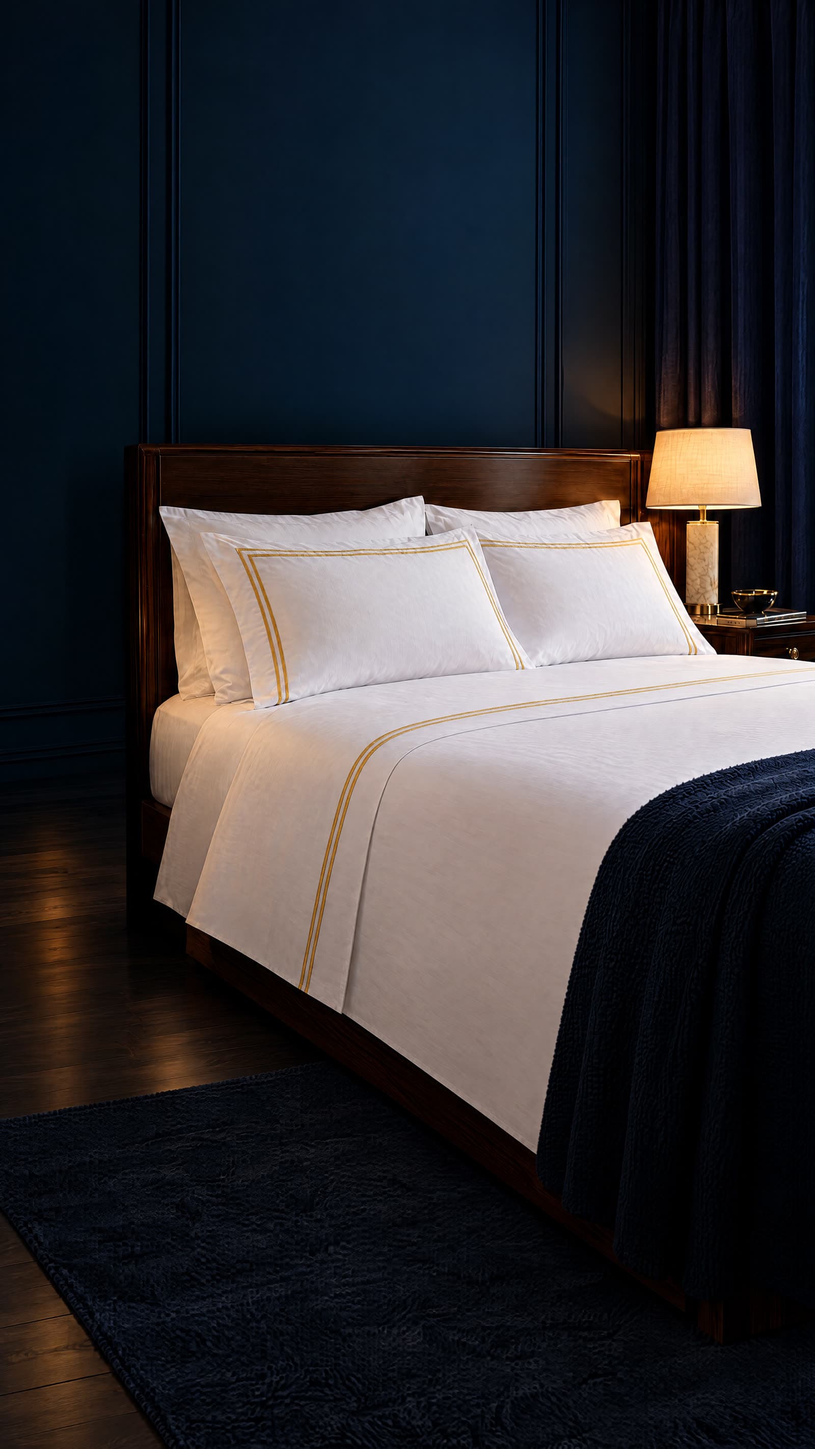 Lit d'hôtel habillé de linge blanc à liseré doré dans une chambre bleu nuit