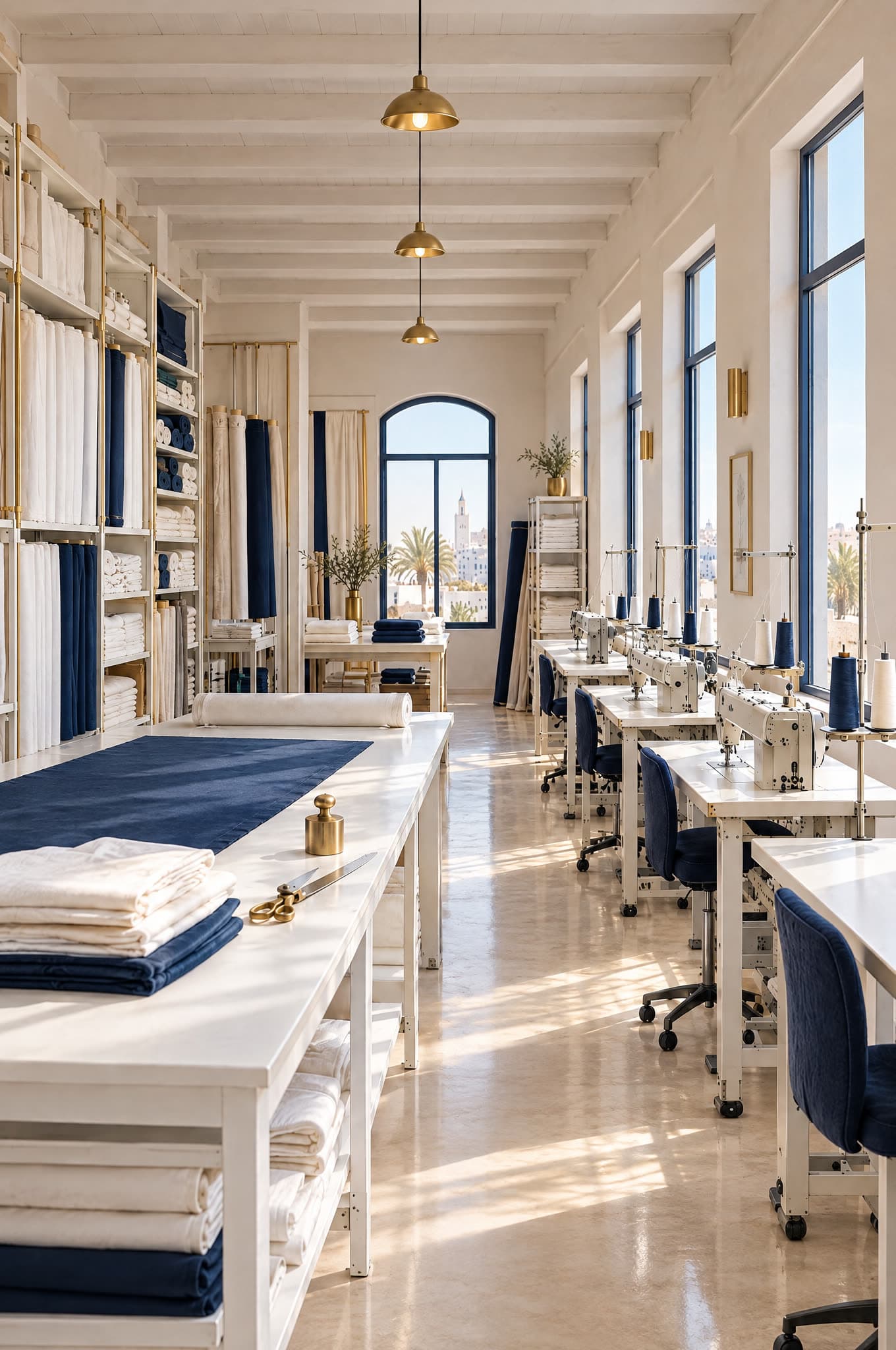 Atelier de confection lumineux : tables de coupe, rouleaux d'étoffe et machines à coudre alignées