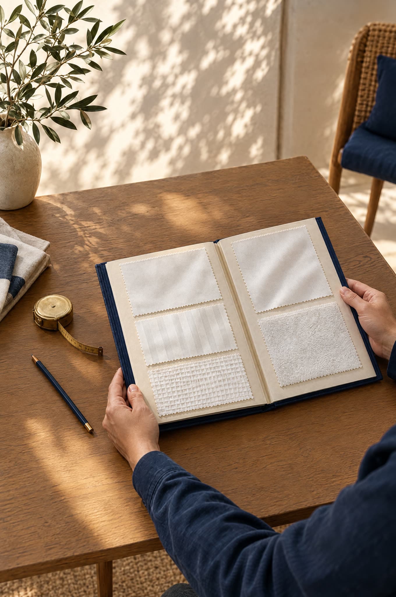 Nuancier d'échantillons de linge hôtelier ouvert sur une table en bois