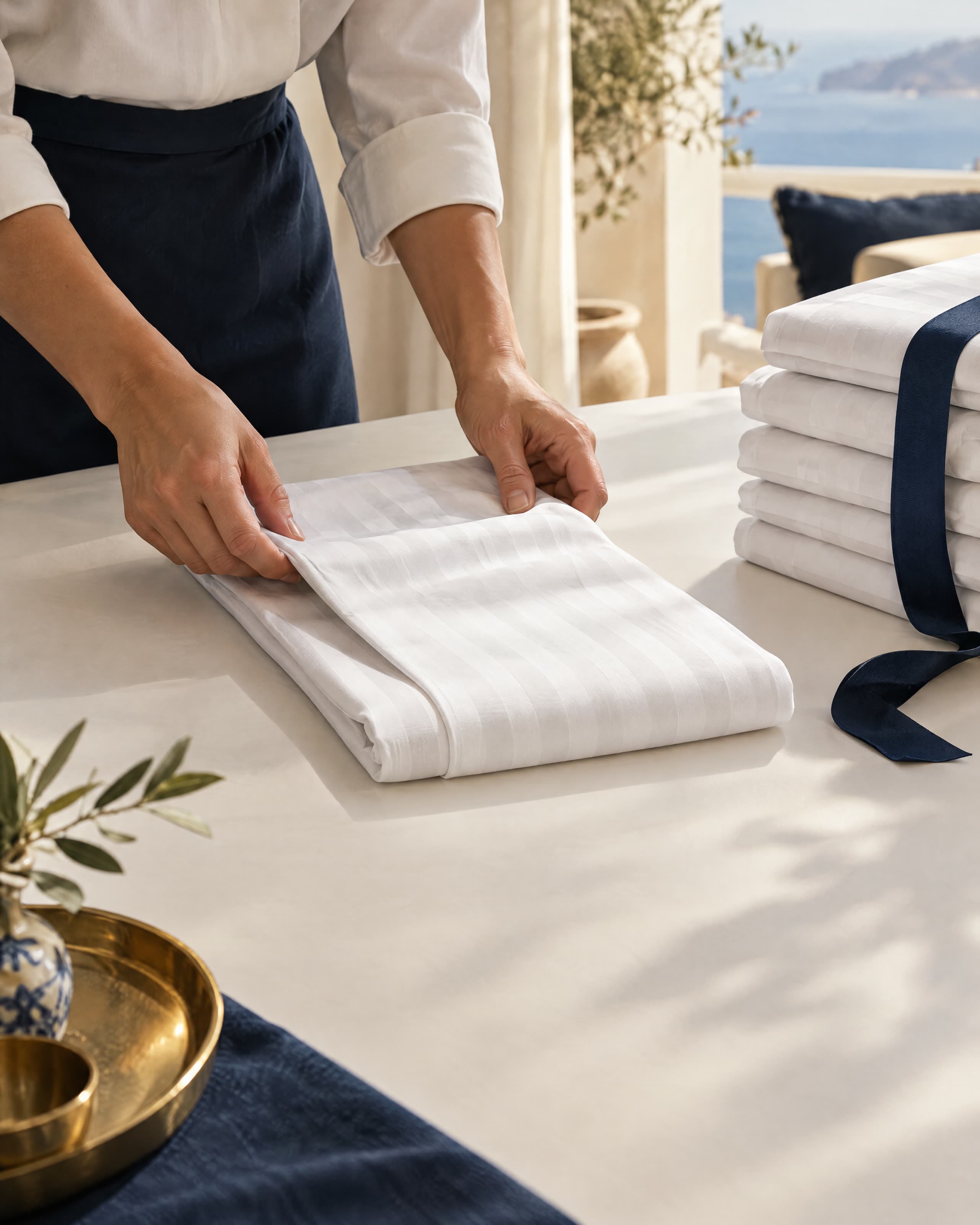 Mains pliant un drap satiné rayé, pile de draps rubannée à côté