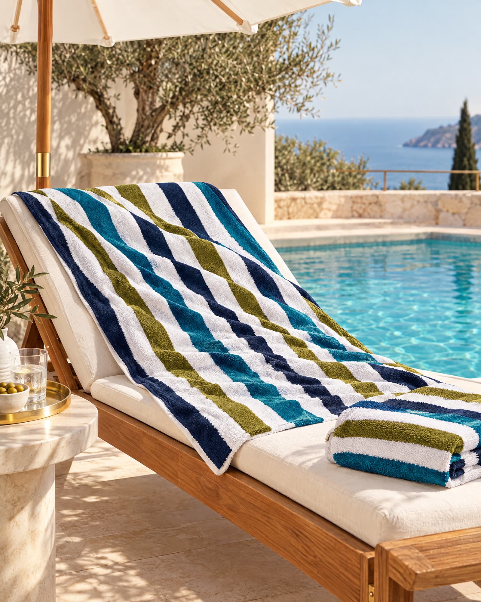 Drap de piscine rayé bleu nuit, pétrole et olive sur un transat au bord du bassin