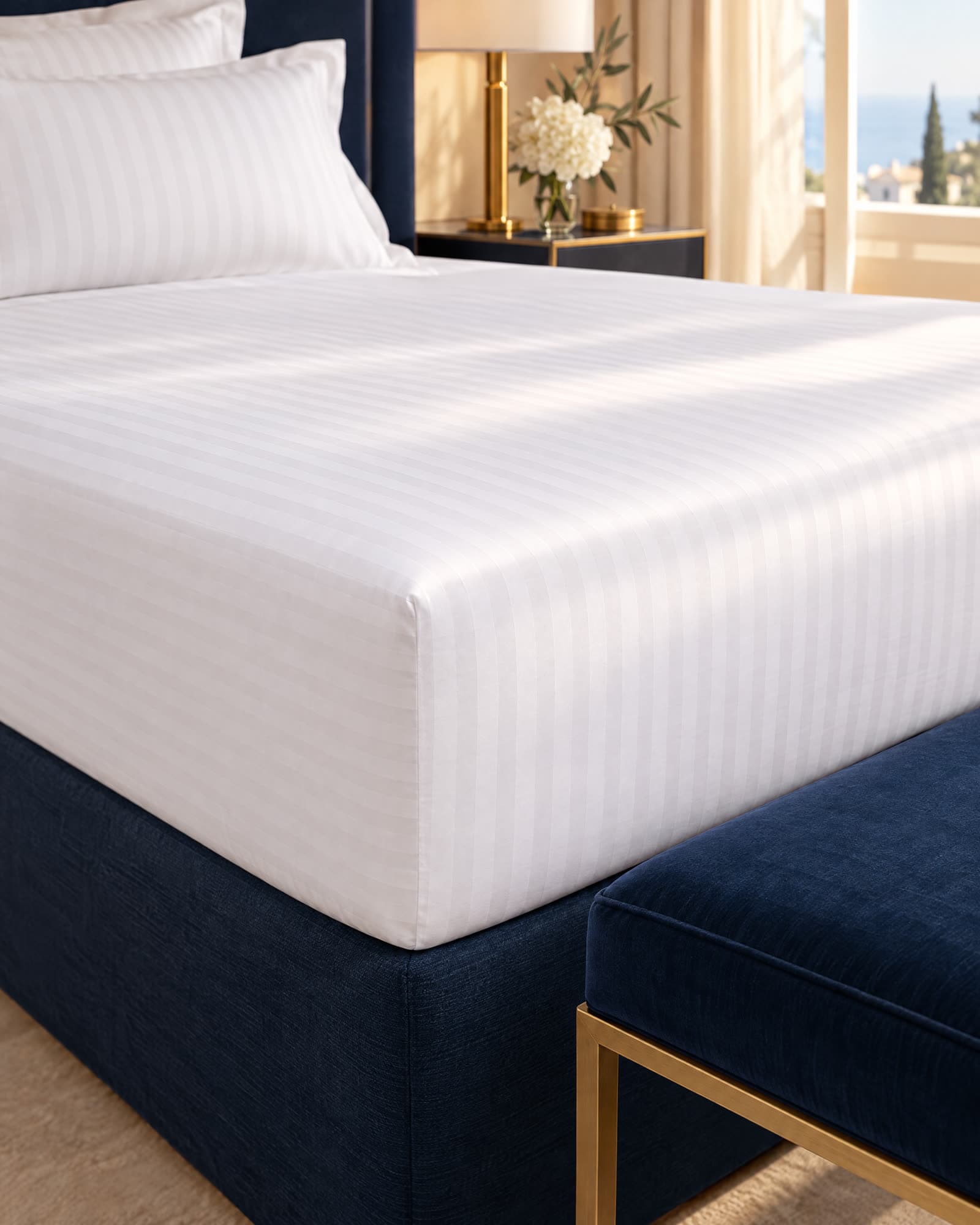 Drap housse en satin rayé tendu sur le coin d'un matelas, sommier bleu nuit