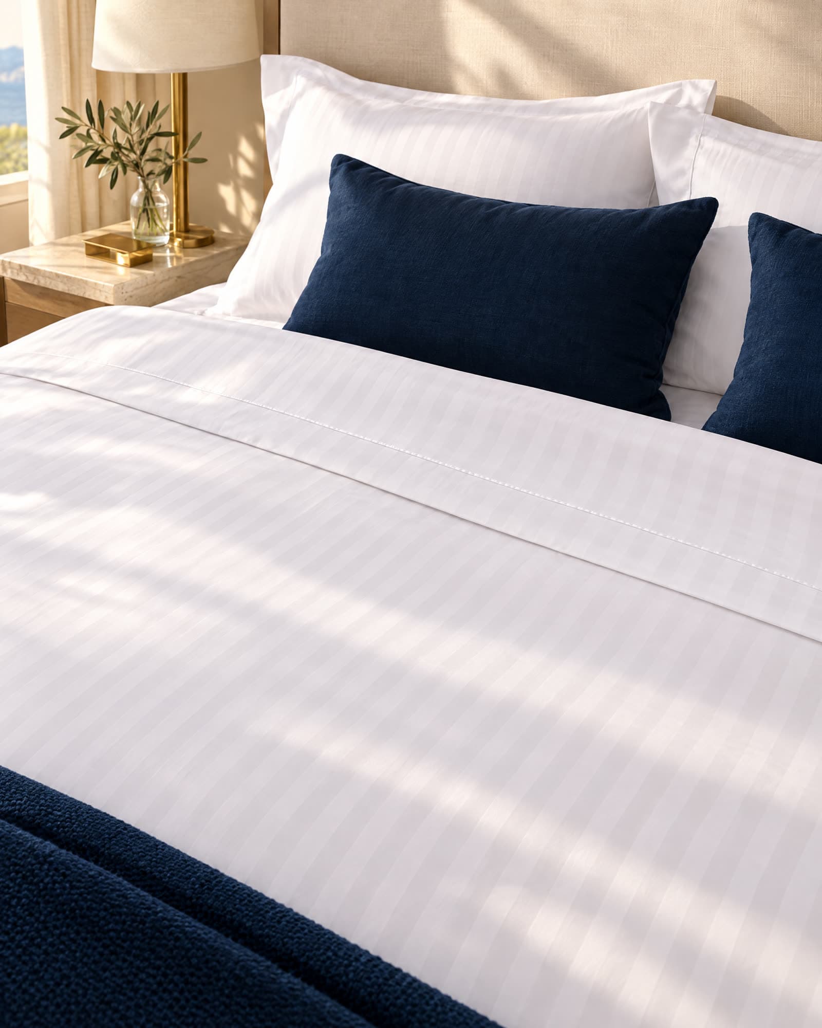 Drap plat en satin rayé replié au sommet d'un lit d'hôtel, coussins bleu nuit