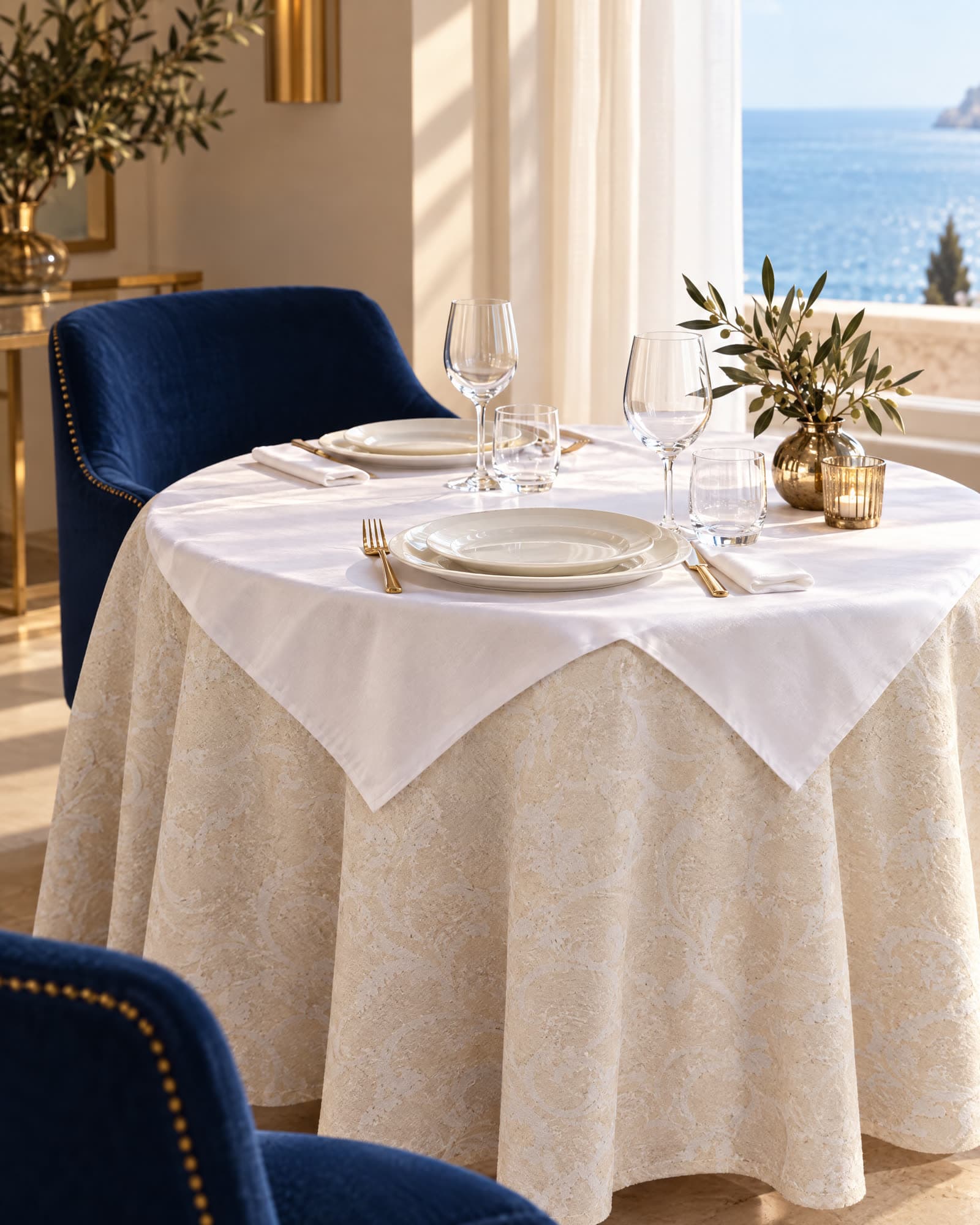 Nappe jacquard en lin et napperon satin blanc sur une table ronde face à la mer