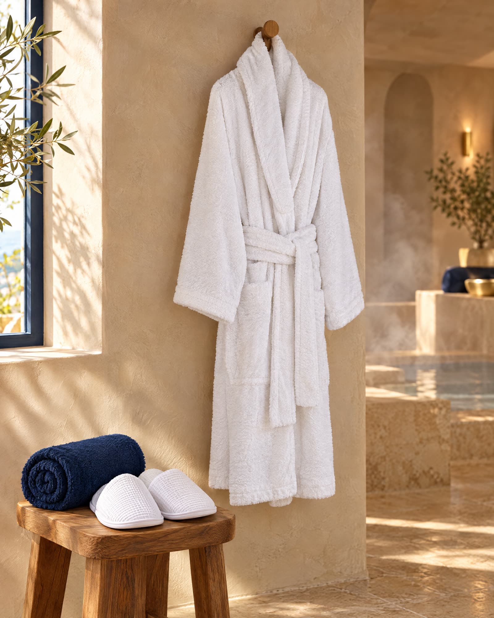 Peignoir éponge blanc suspendu dans un spa, slippers nid d'abeille et serviette bleu nuit