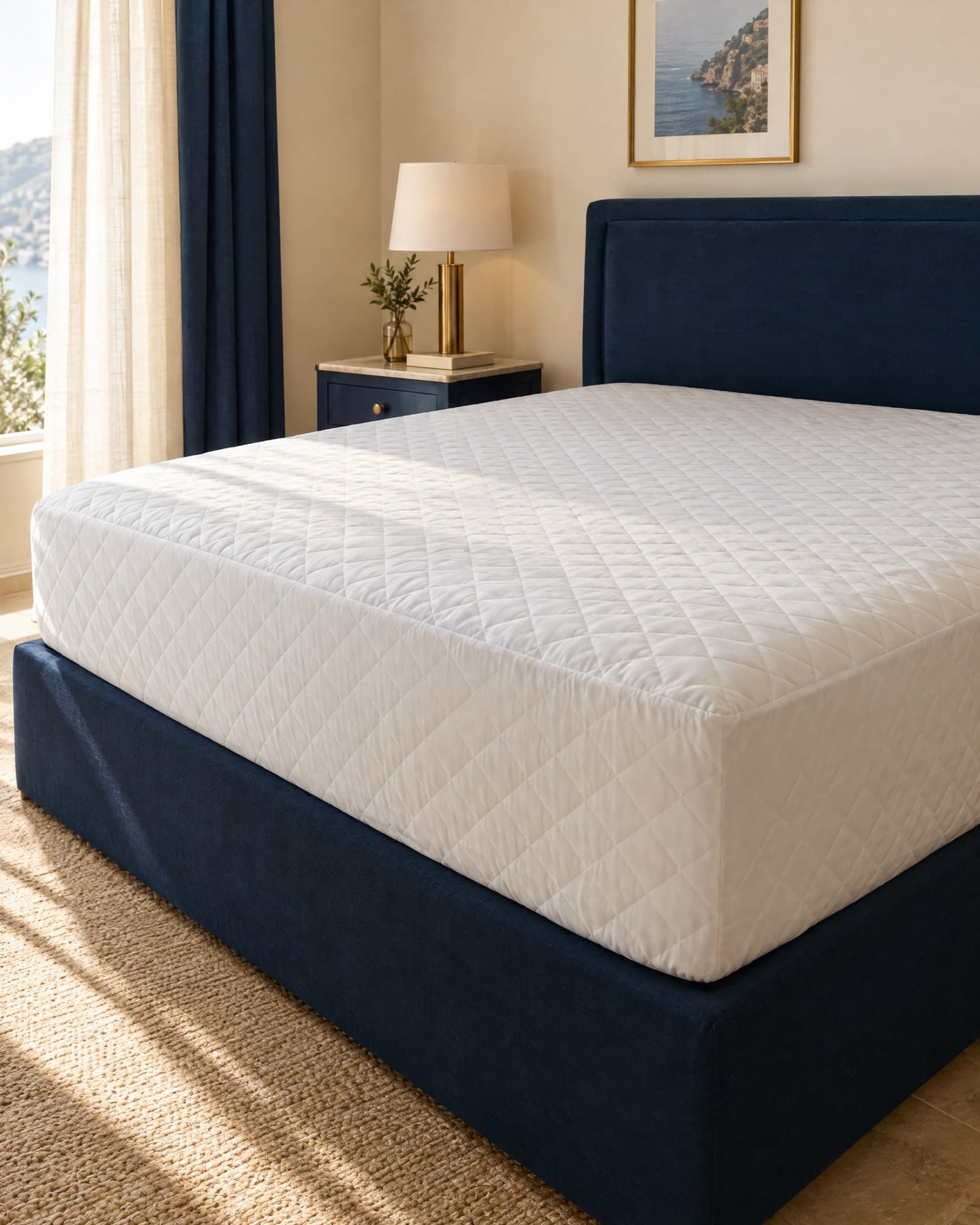 Protège-matelas matelassé blanc ajusté sur un matelas nu, sommier bleu nuit