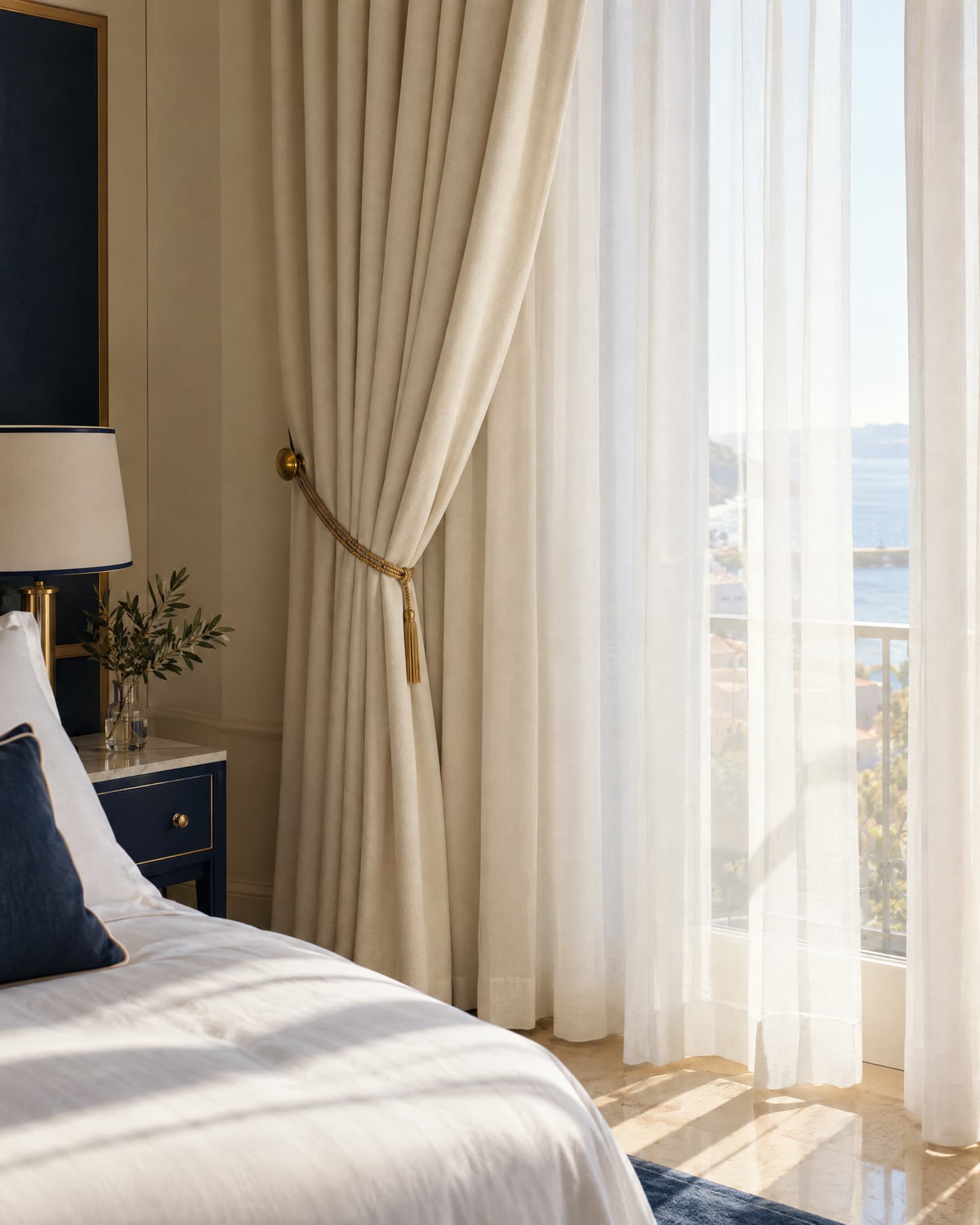 Rideaux crème retenus par une embrasse dorée et voilage blanc devant la fenêtre d'une chambre