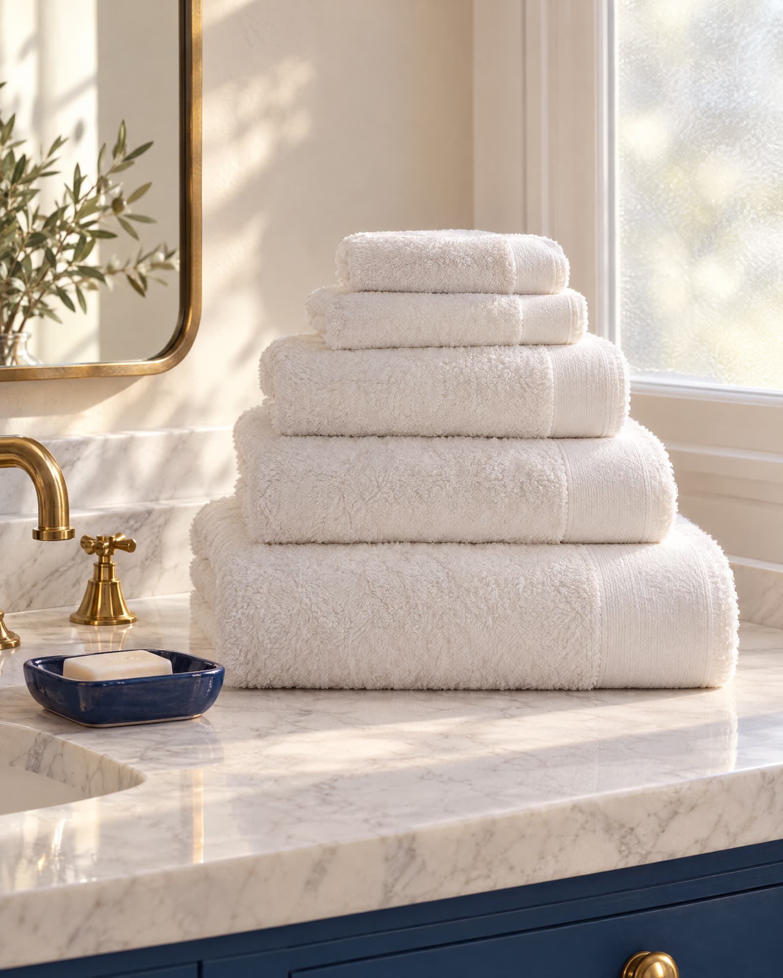 Pile de serviettes éponge blanches de trois tailles sur un lavabo en marbre
