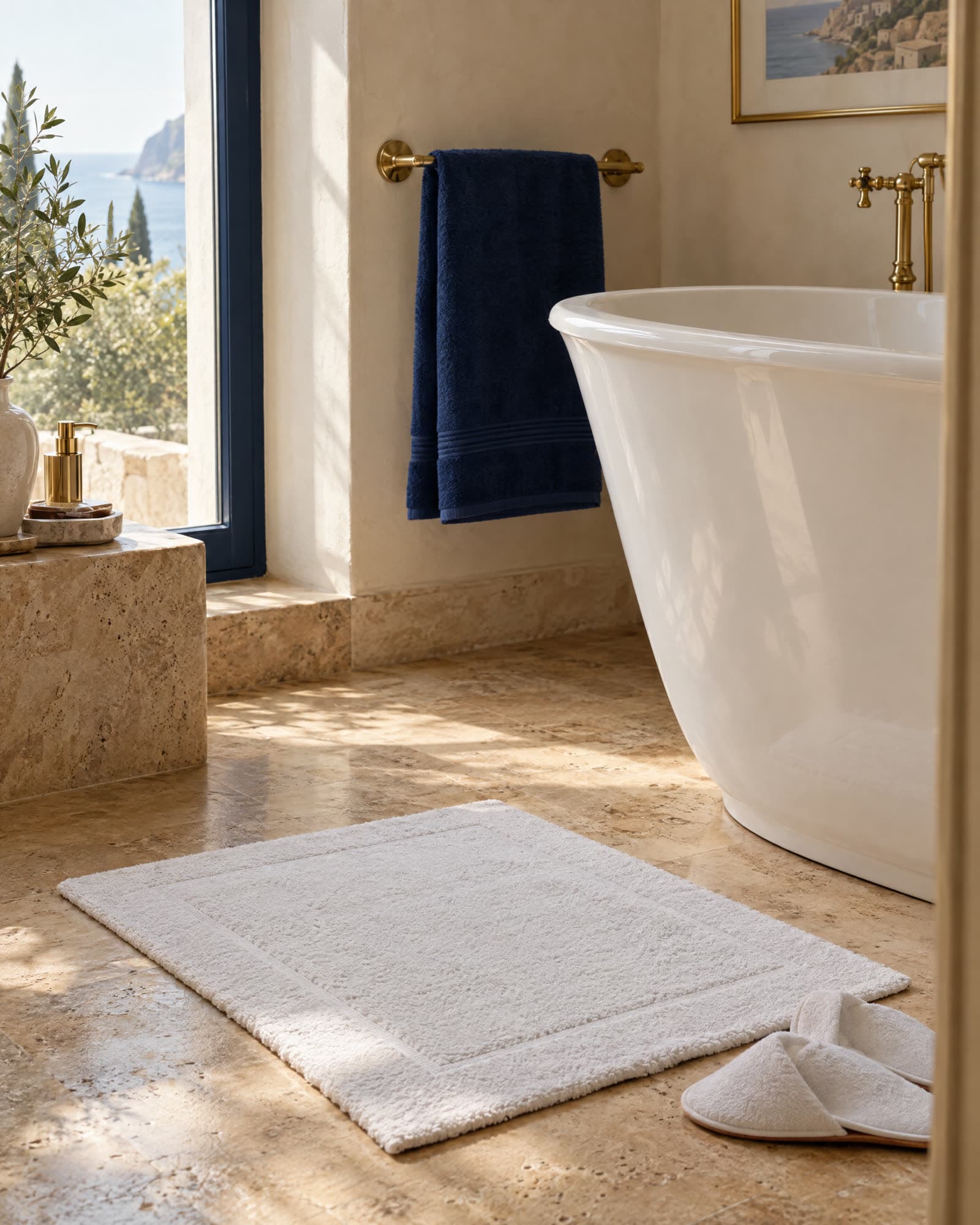 Tapis de bain blanc devant une baignoire îlot, serviette bleu nuit, slippers