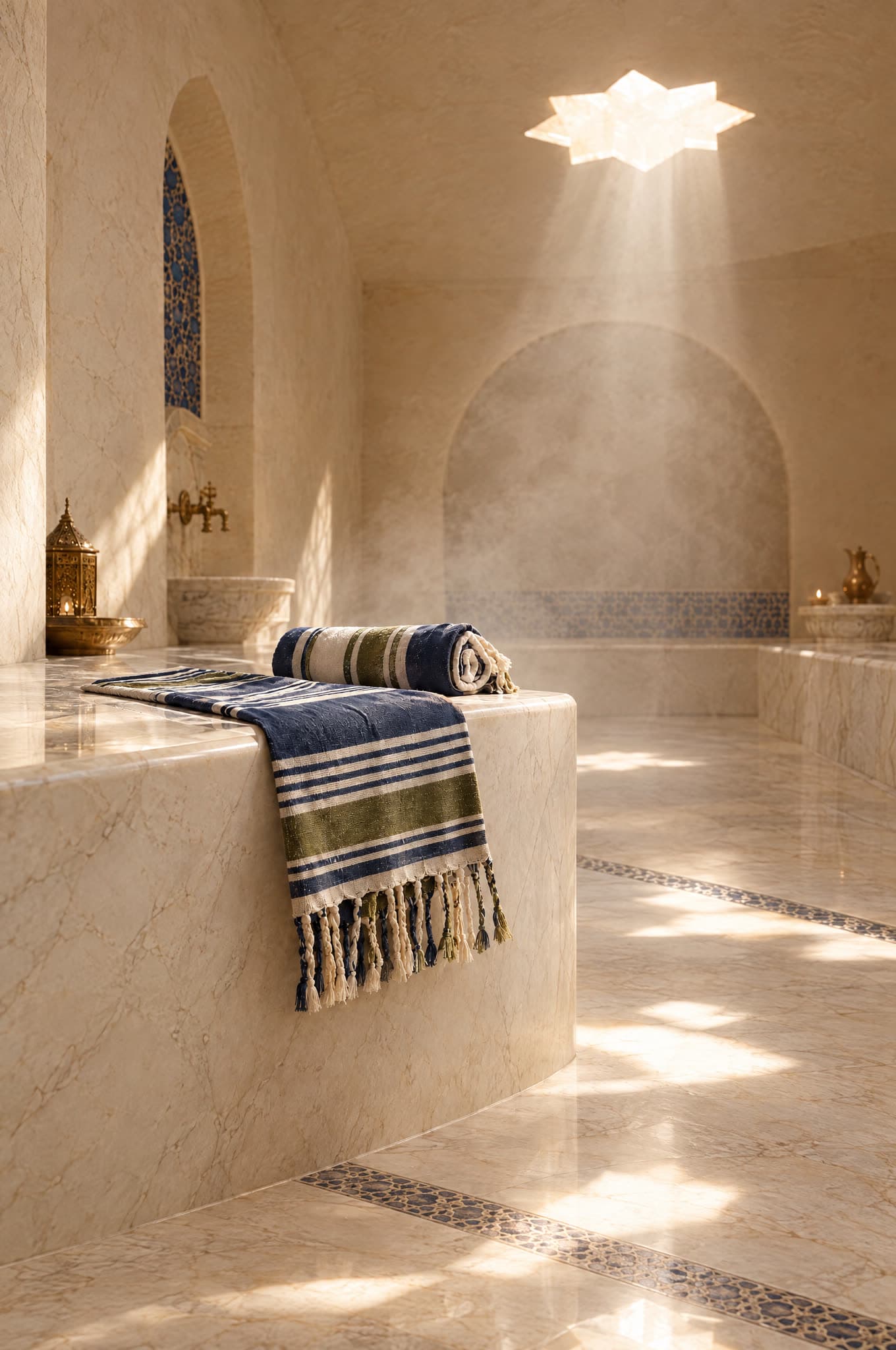 Fouta rayée bleu nuit, blanc et olive à franges nouées, posée sur un banc de marbre de hammam