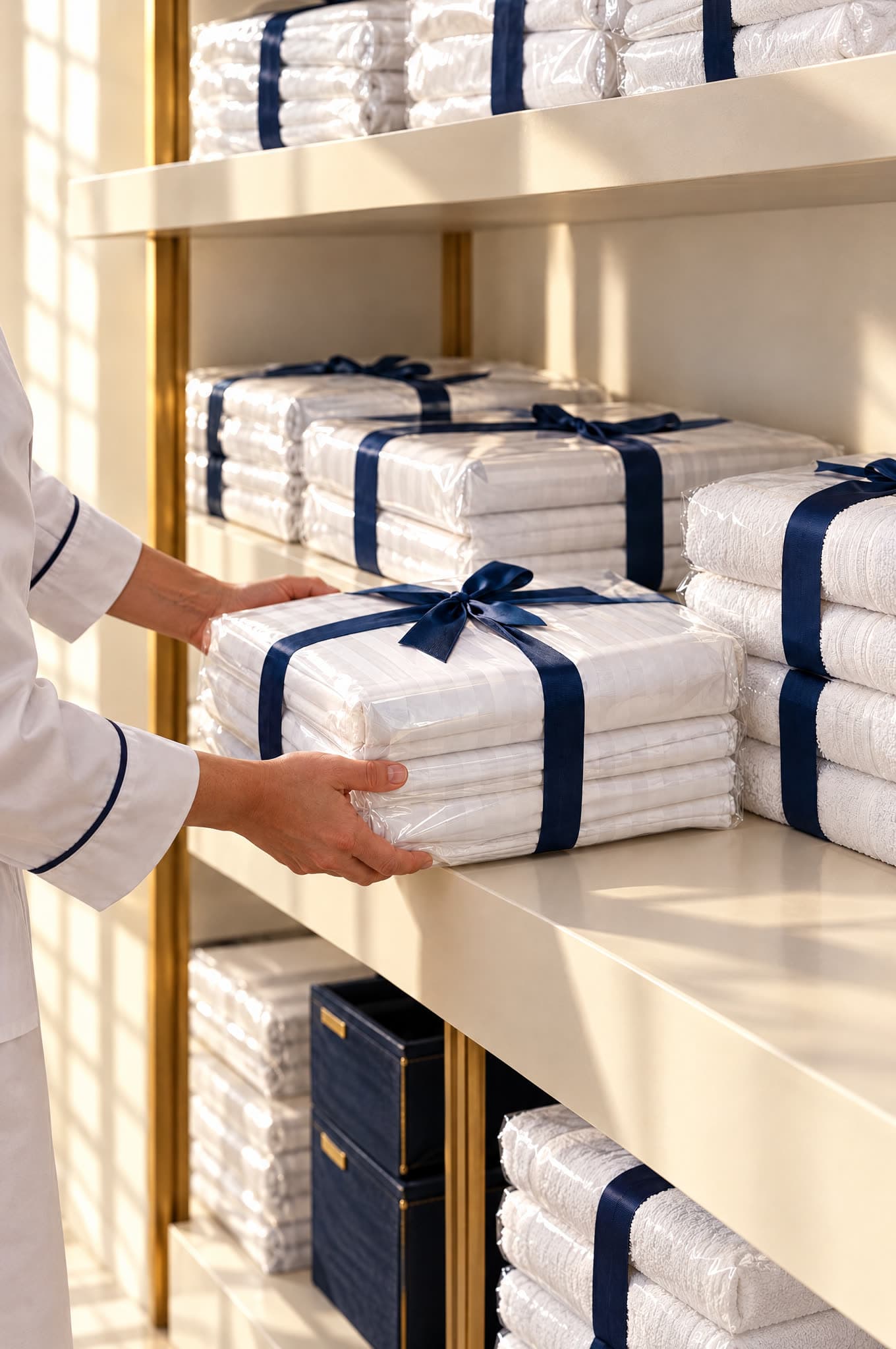 Piles de linge blanc emballées et rubannées, posées sur l'étagère d'une lingerie d'hôtel