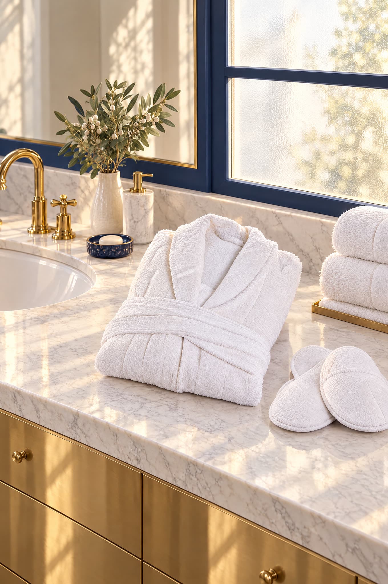 Peignoir éponge plié sur un lavabo en marbre, serviettes et slippers blancs, robinetterie dorée