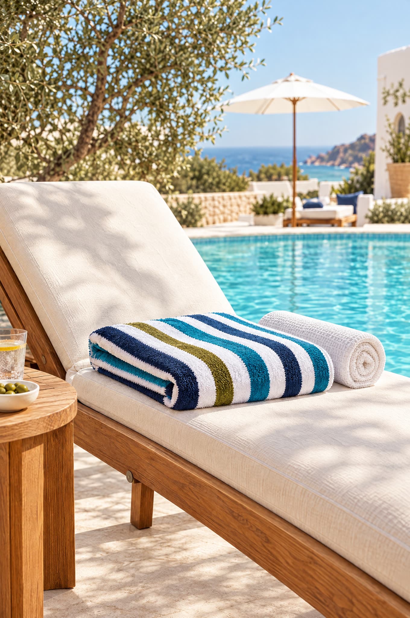 Drap de piscine rayé plié et serviette nid d'abeille roulée sur un transat au bord du bassin
