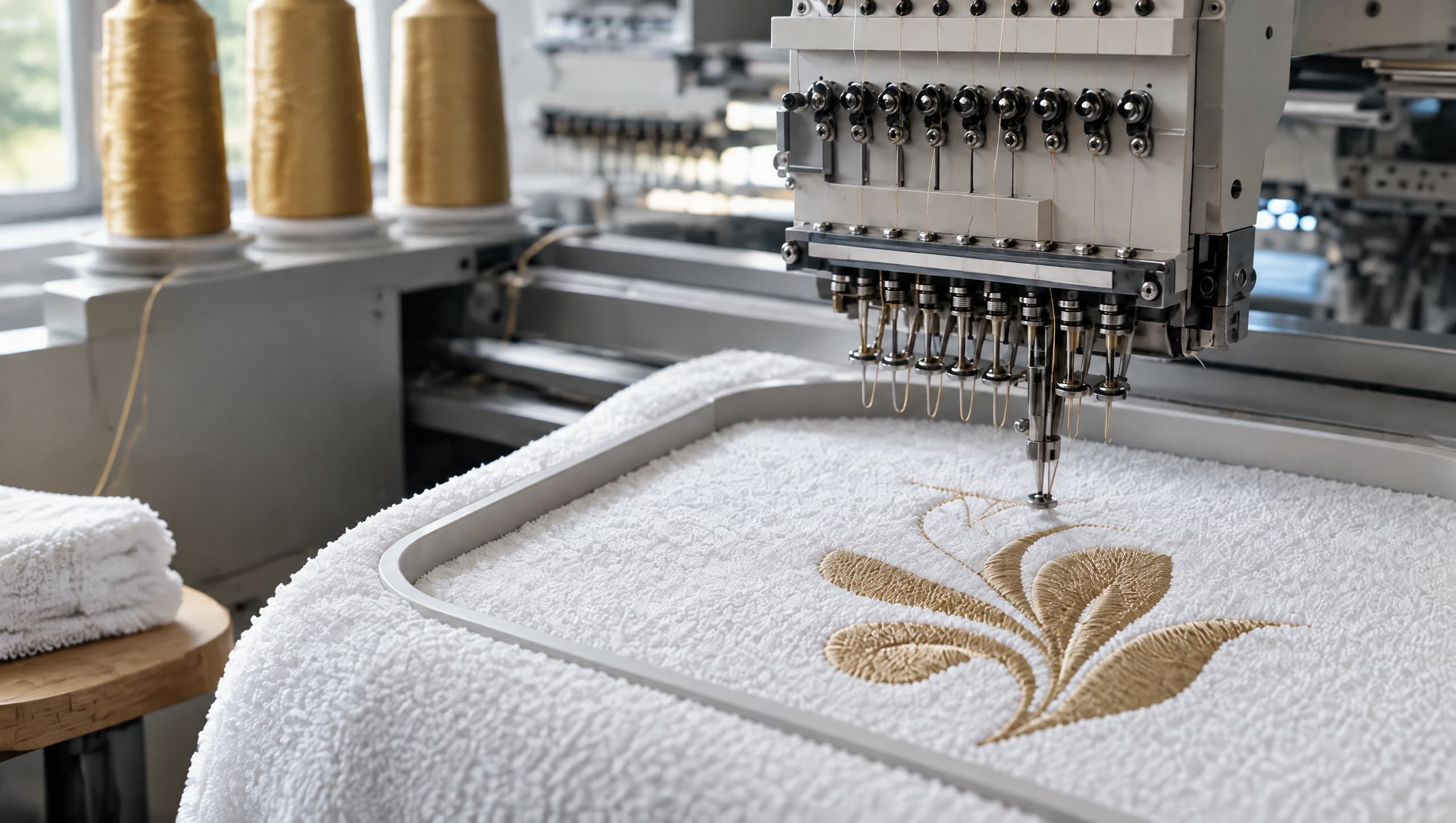 Monogramme doré brodé sur une serviette éponge blanche