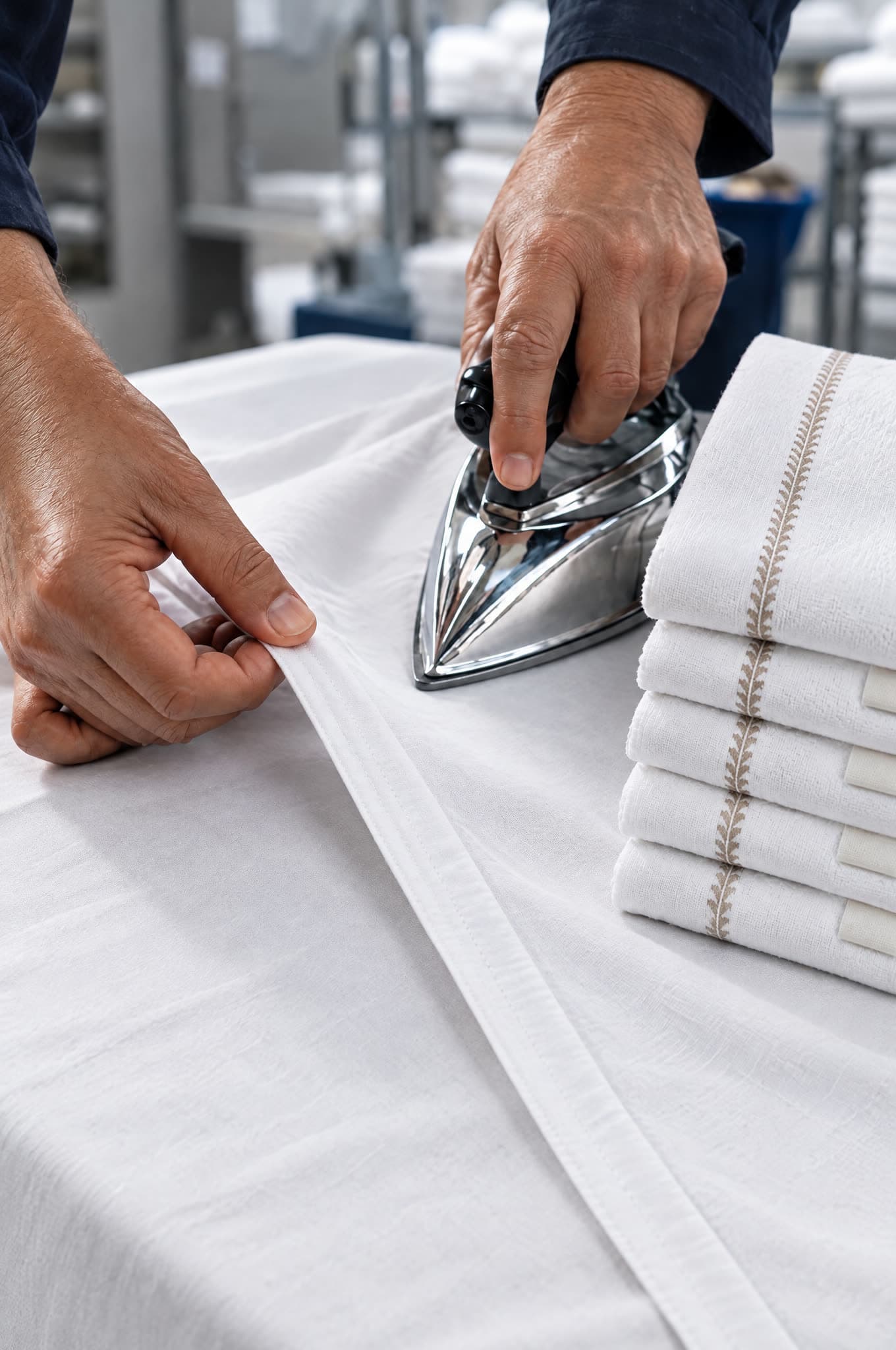 Contrôle de l'ourlet et repassage vapeur d'un drap blanc