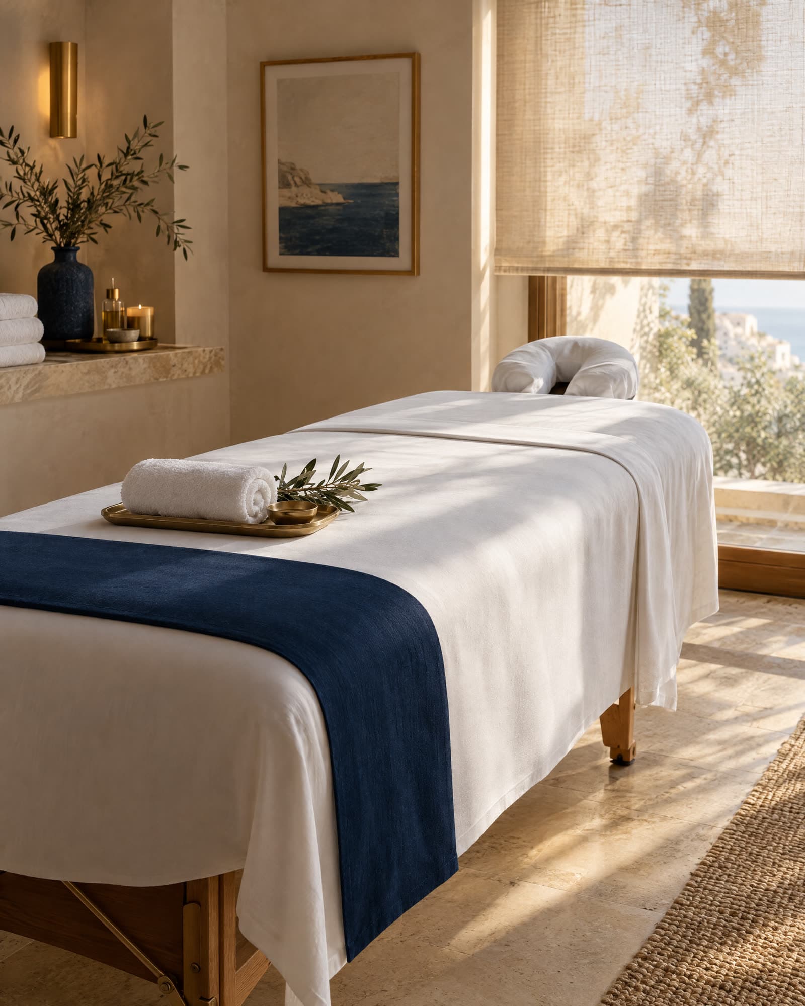Table de massage habillée de draps blancs et d'une bande bleu nuit