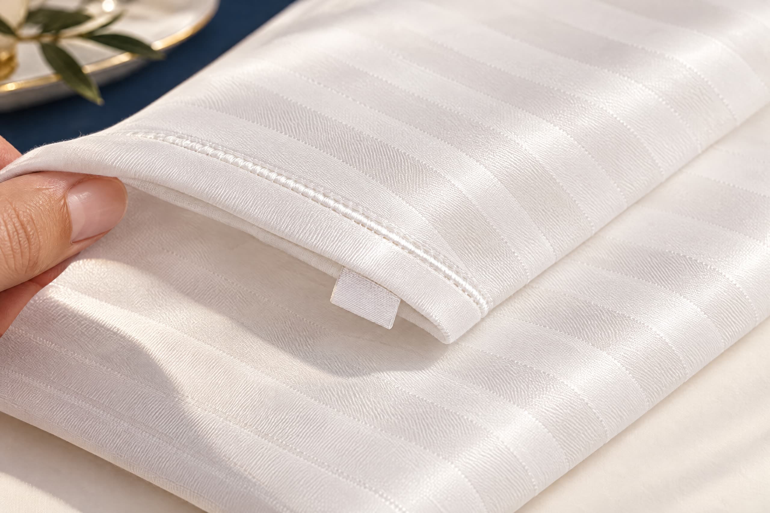Ourlet d'un drap satiné soulevé, révélant l'étiquette textile cousue à l'intérieur